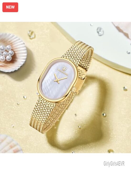 Women\'s Oval Mother of Pearl Dial Watch with Mesh Steel Bracelet, Quartz